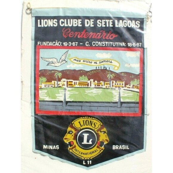 Vintage Silk 1967 Lions Club International Brazil Banner Pendant Flag - Picture 1 of 1
